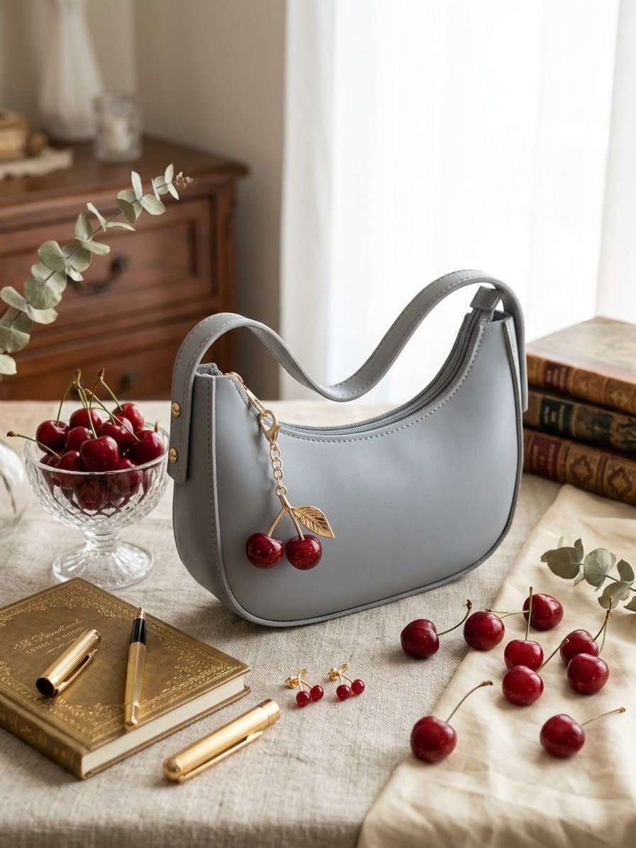 Cherry Charm Shoulder Bag- GRAY