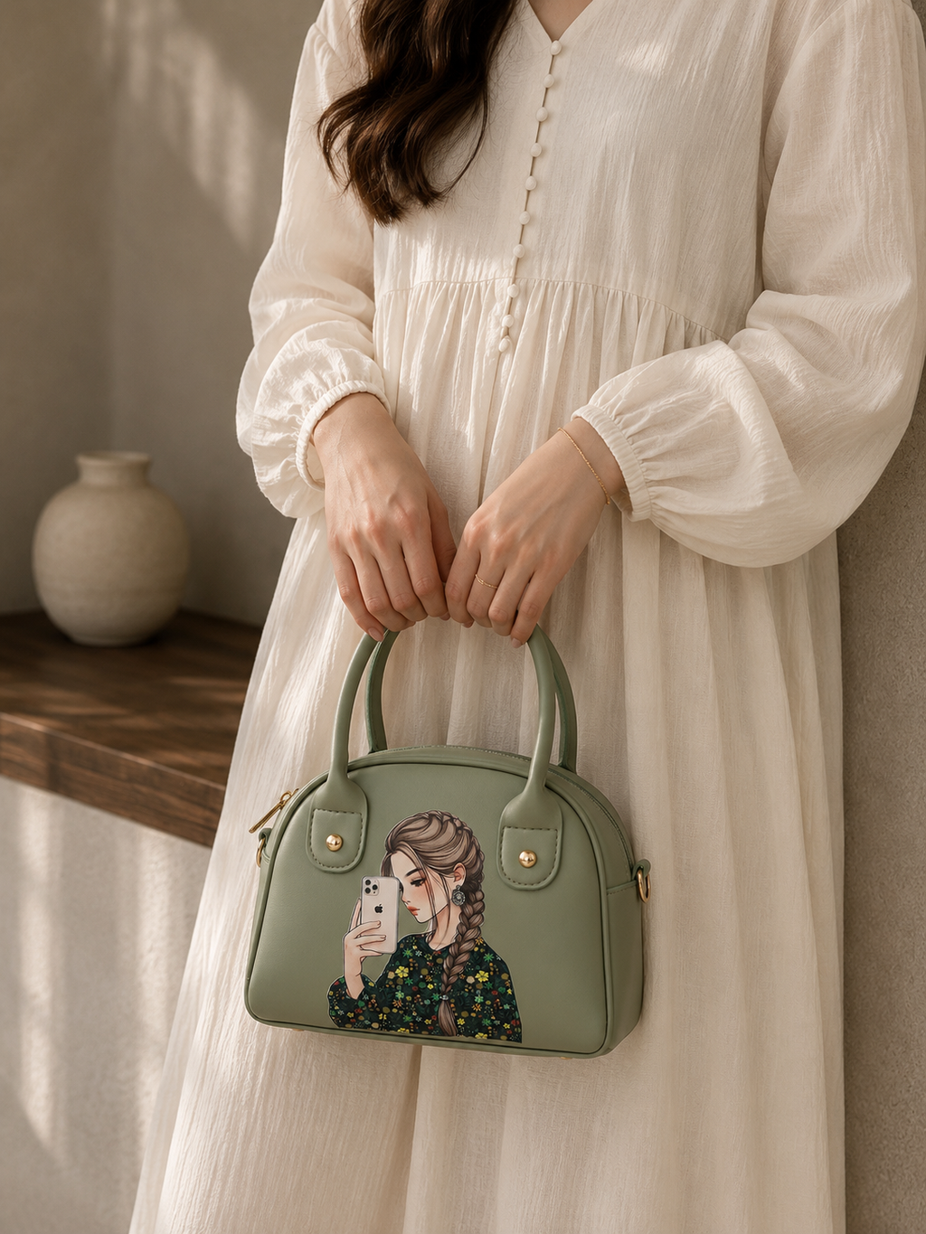 Chic Art Print Mini Dome Crossbody Bag- GREEN