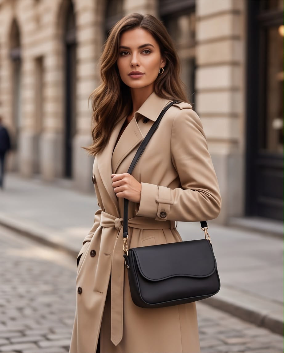 Soft Curve Flap Crossbody Bag-Black