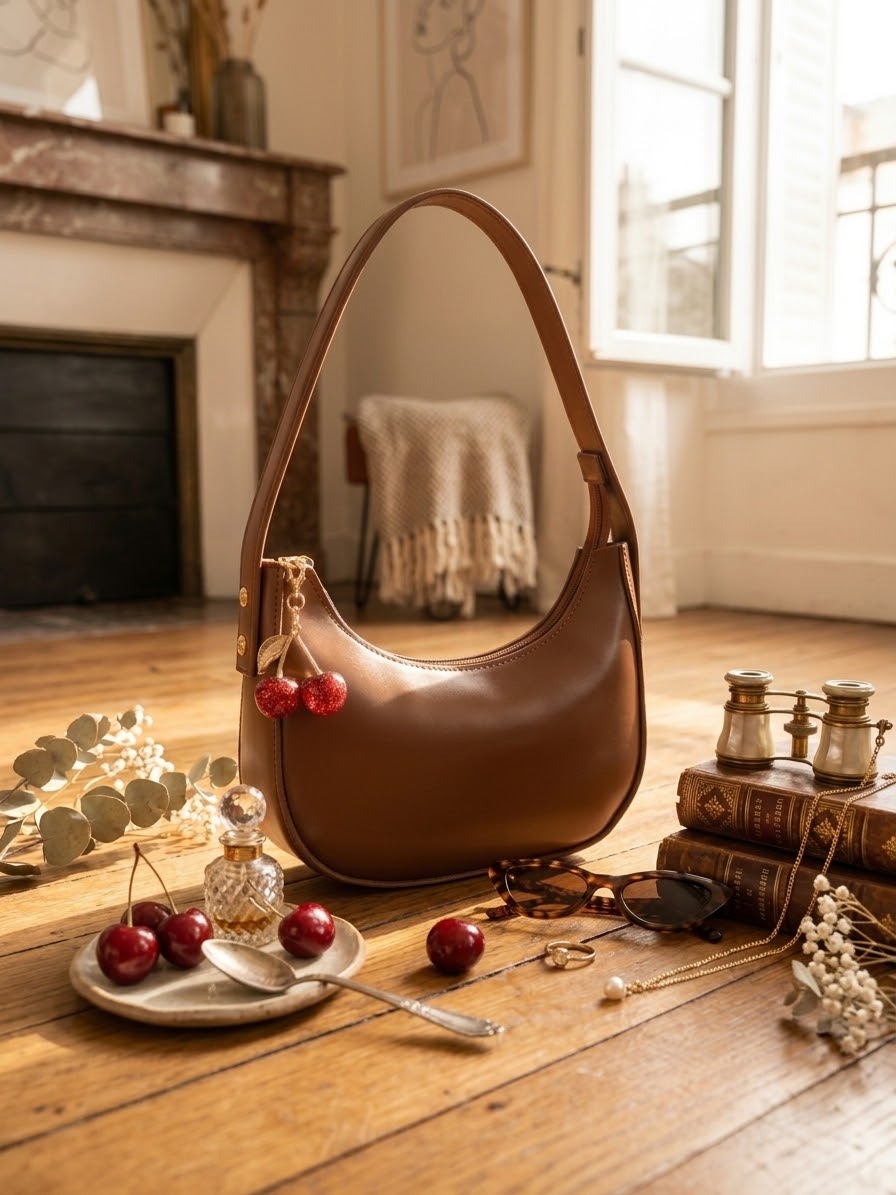 Cherry Charm Shoulder Bag-Camel Brown