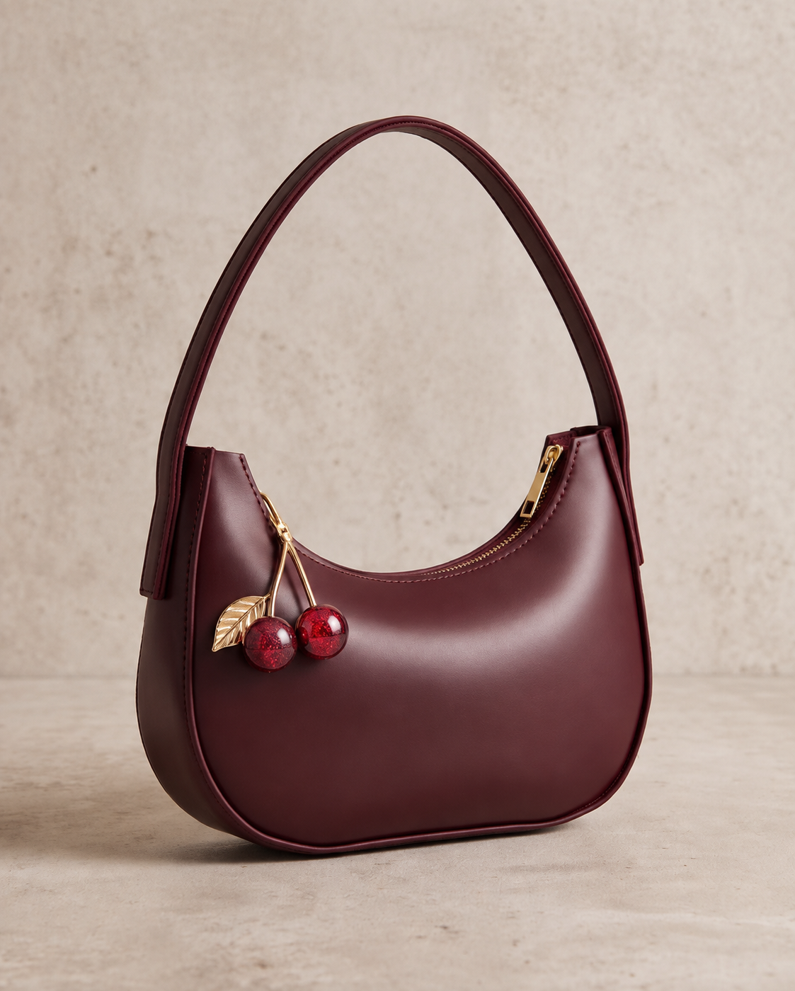 Ruby Crescent Shoulder Bag – Burgundy/ CHERRY KEYCHAIN CHARM