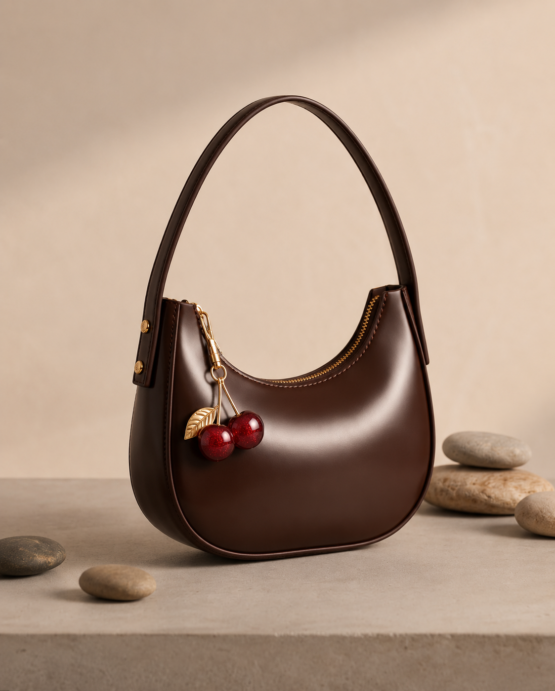 Cherry Charm Shoulder Bag - BROWN