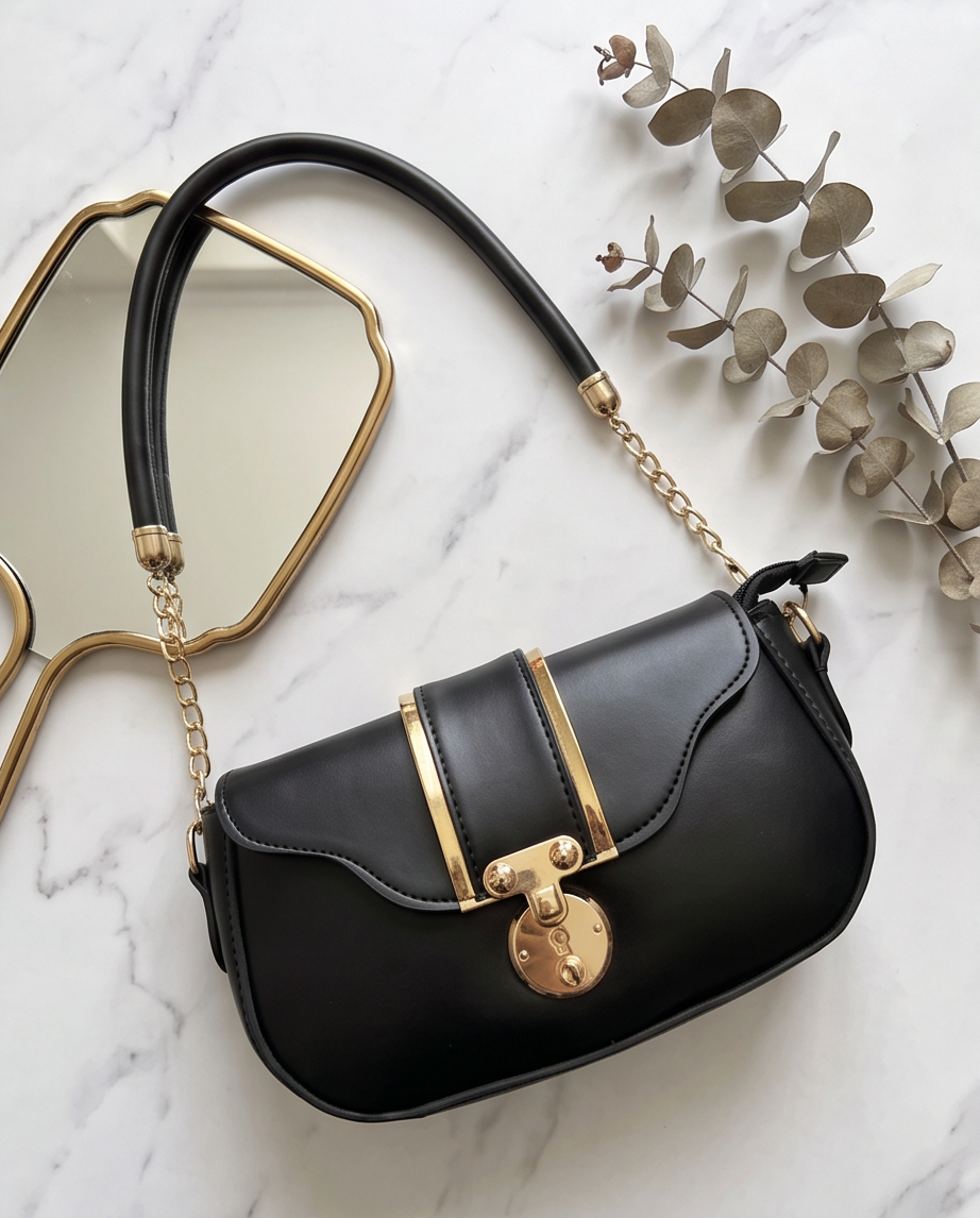 Luxe Lock Mini Shoulder Bag-BLACK