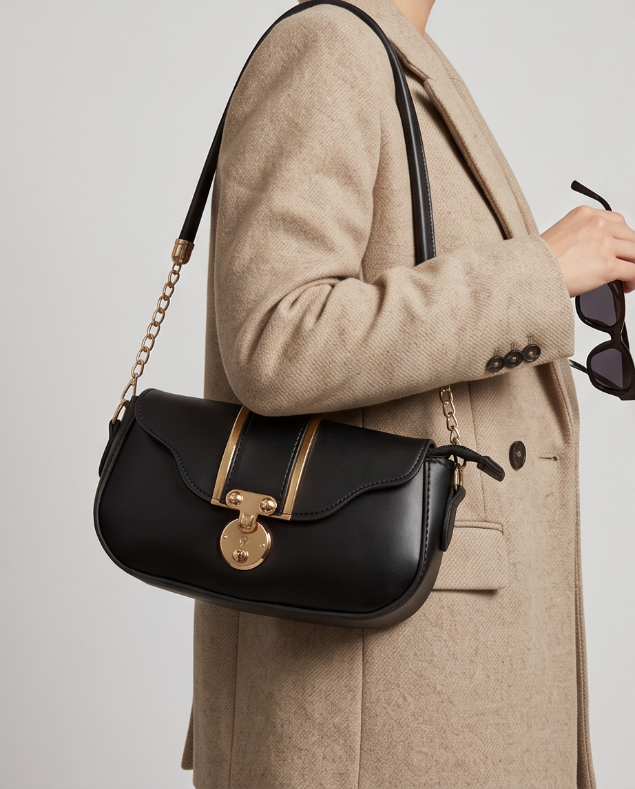 Luxe Lock Mini Shoulder Bag-BLACK