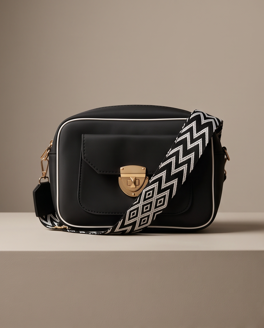 Structured Camera Crossbody Bag – Black with Contrast Strap