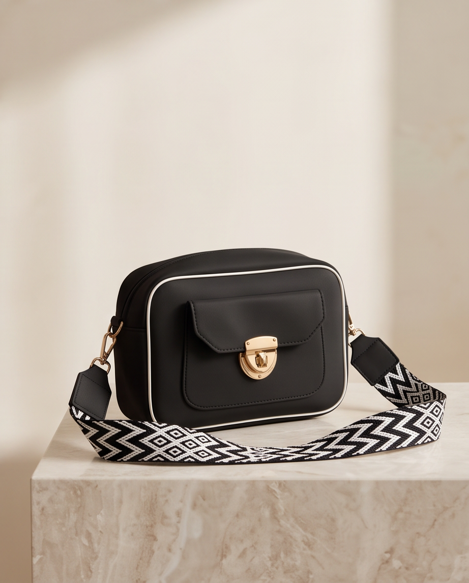 Structured Camera Crossbody Bag – Black with Contrast Strap